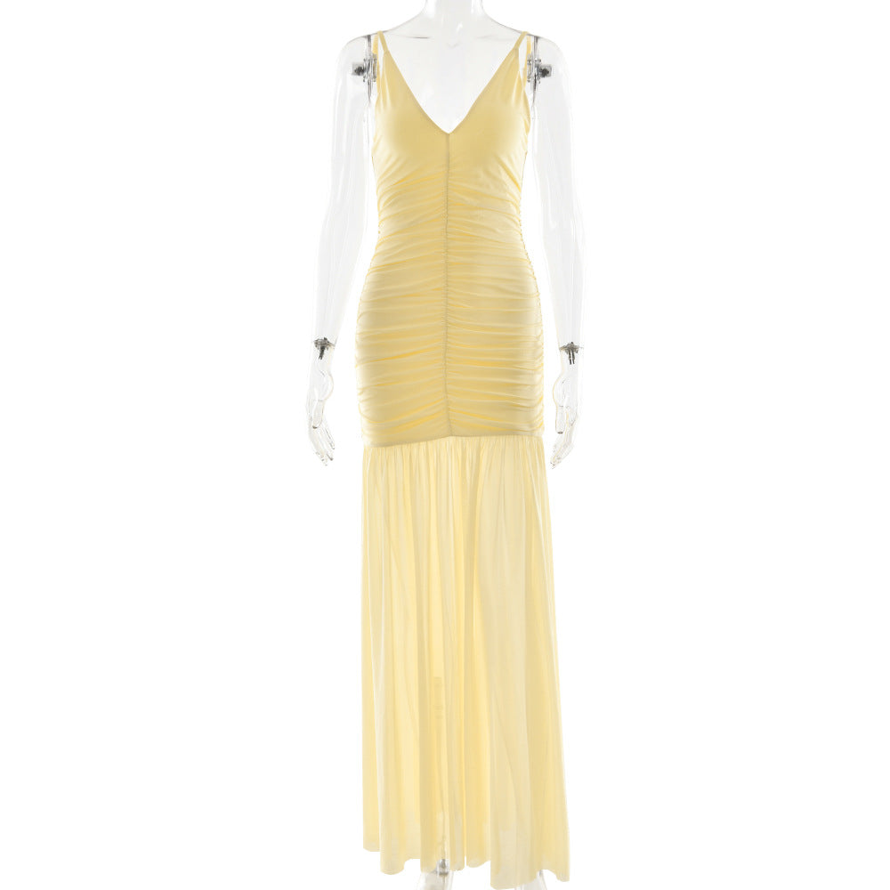 Spaghetti Strap Deep V Ruched Bodice Pleated Chiffon Trumpet Maxi Dress