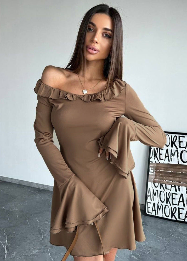 Off Shoulder Ruffle Trim Bell Sleeve Fit and Flare Mini Dress