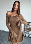 Off Shoulder Ruffle Trim Bell Sleeve Fit and Flare Mini Dress