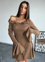 Off Shoulder Ruffle Trim Bell Sleeve Fit and Flare Mini Dress