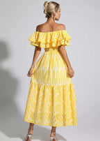 Off Shoulder Eyelet Lace Smocked Tiered Ruffle Maxi Dress