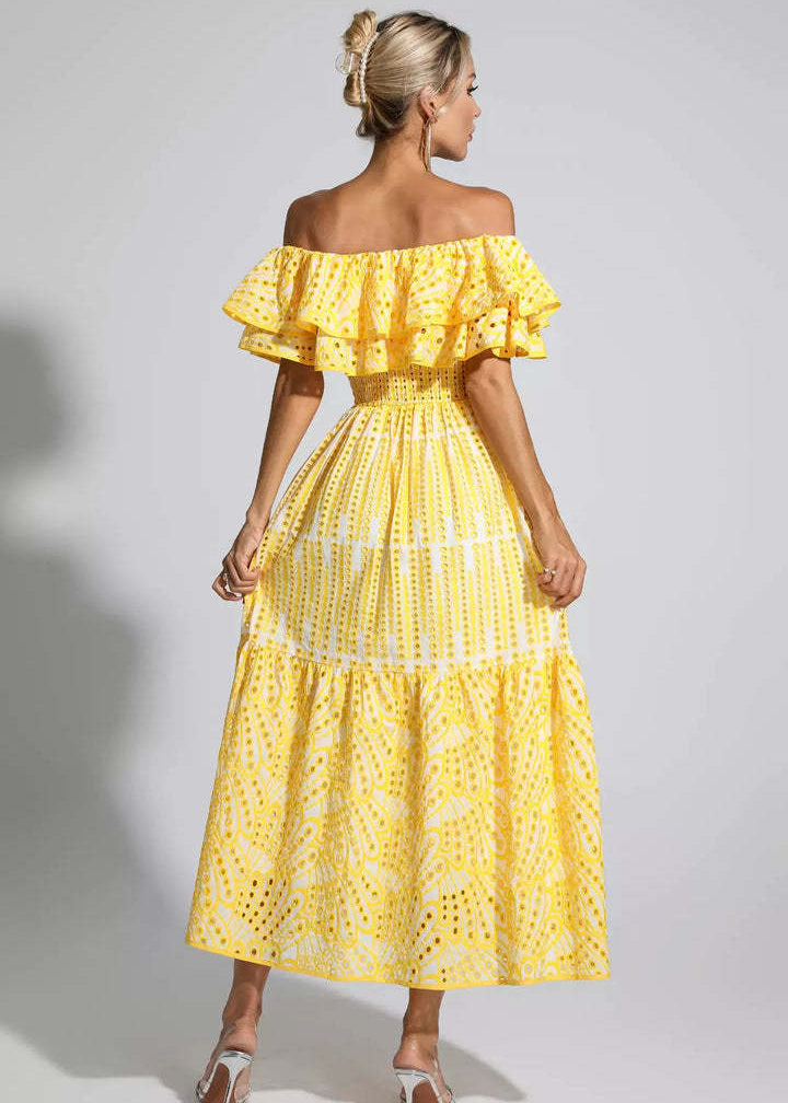Off Shoulder Eyelet Lace Smocked Tiered Ruffle Maxi Dress