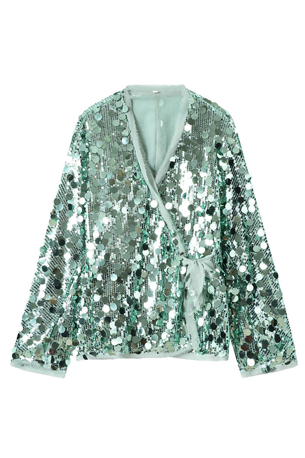 Fashion Sequined Long-sleeved V-neck Loose Lace-up Cardigan