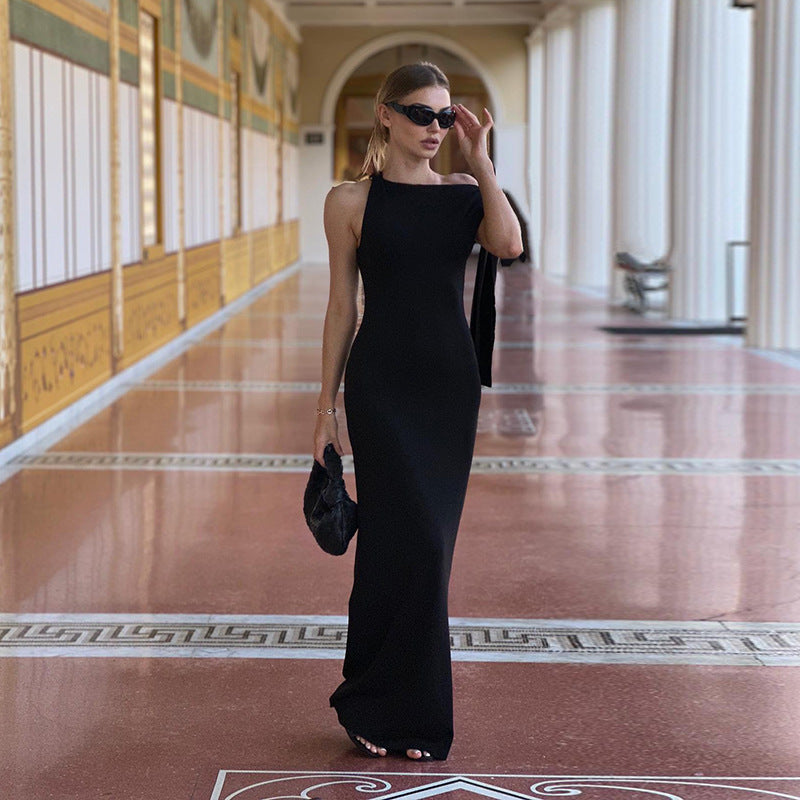 Sleeveless High Neck Asymmetric Drape Sash Column Maxi Gown