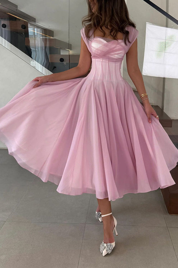Elegant Sleeveless Waist-cinching Tulle Full-hem Maxi Dress