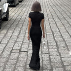 Mock Neck Deep V Neck Cap Sleeve Ruched Bodycon Maxi Dress