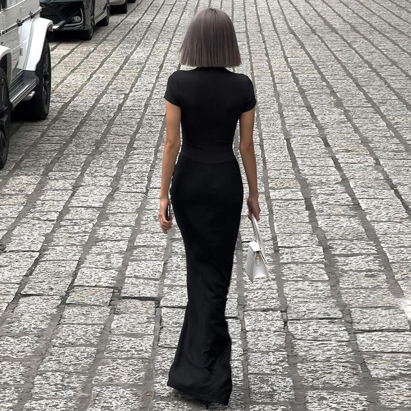 Mock Neck Deep V Neck Cap Sleeve Ruched Bodycon Maxi Dress