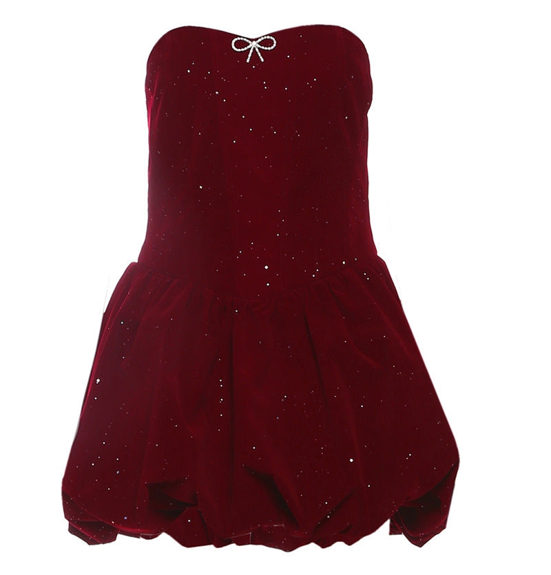 Velvet Glitter Strapless Corset Bubble Hem Mini Dress