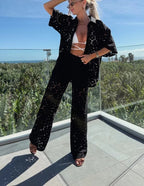 Holiday Crochet Flowers Lace Short Sleeve Shirt and Elastic Waist Wide Leg Pants Set