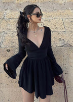 Deep V-Neck Bell Sleeve Ruched Waist Wrap Mini Dress
