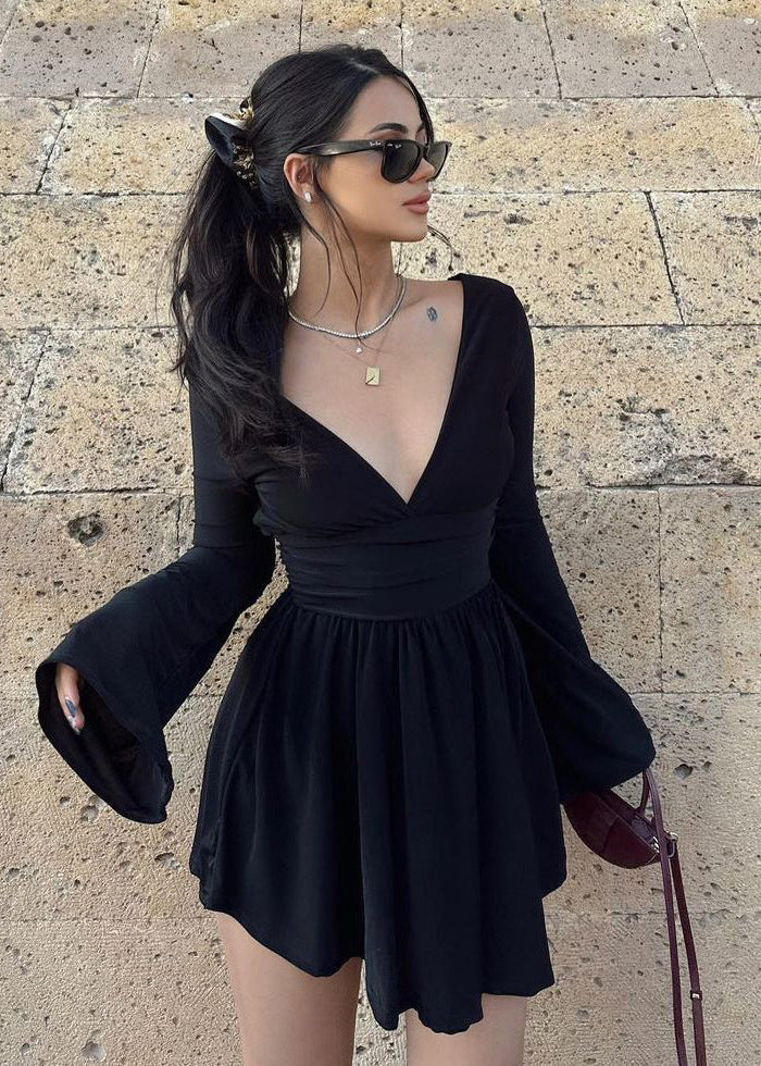 Deep V-Neck Bell Sleeve Ruched Waist Wrap Mini Dress