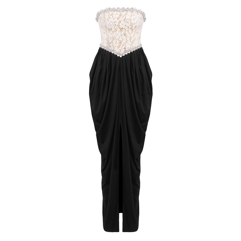 Lace Embellished Strapless Corset Basque Waist High Split Maxi Gown