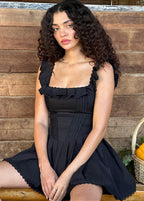 Square Neck Ruffle Strap Corset Bodice Pleated Skater Mini Dress