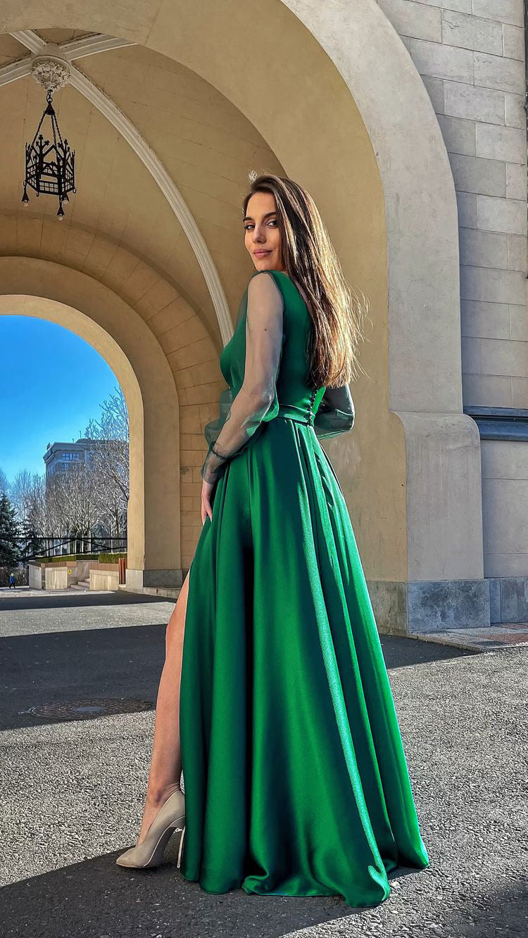 Square Neck Sheer Organza Puff Sleeve Satin Pleated Ball Gown Maxi Dress