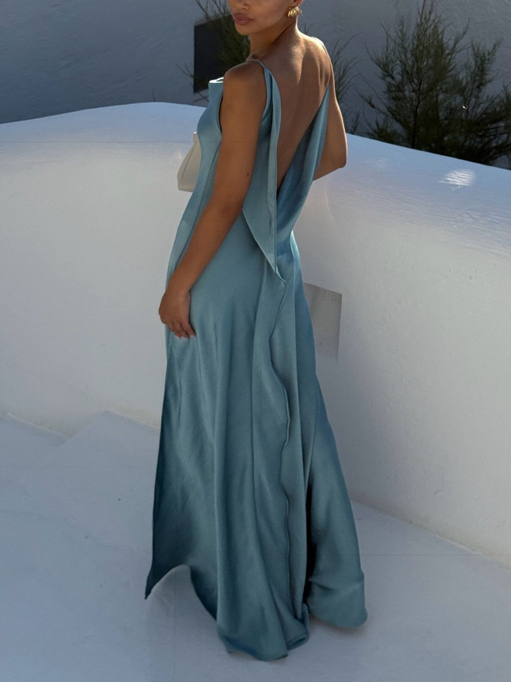 Flowing Elegance Satin Draped Neck Backless Ruffle Slit Maxi Dress