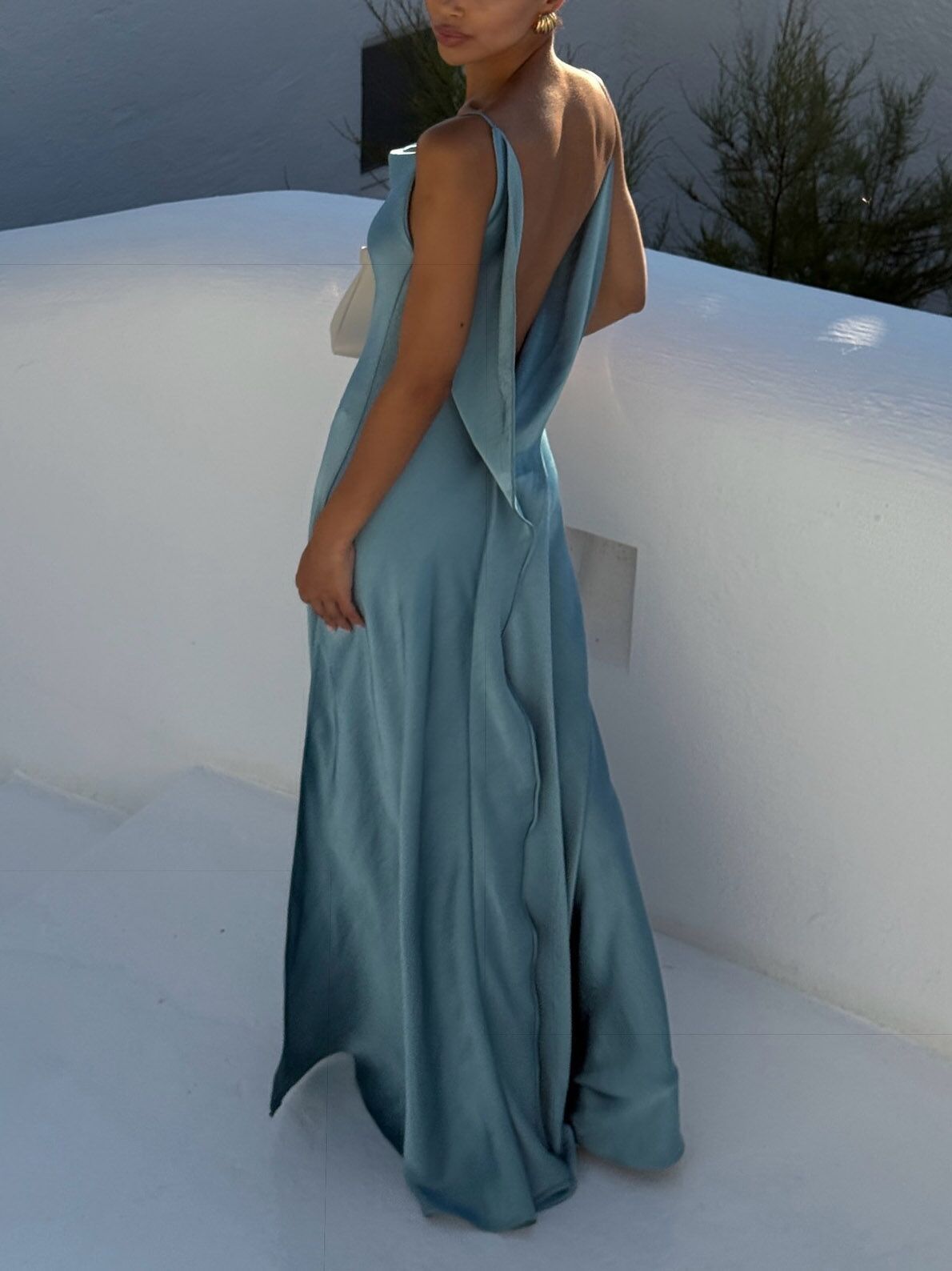 Flowing Elegance Satin Draped Neck Backless Ruffle Slit Maxi Dress