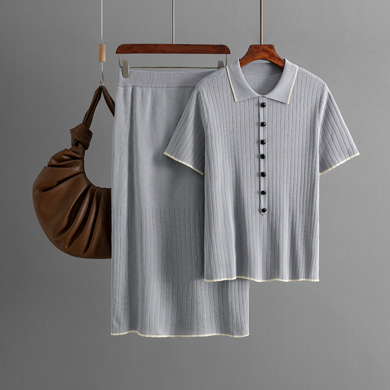 Elegant Knitted Skirt Set with Polo Collar