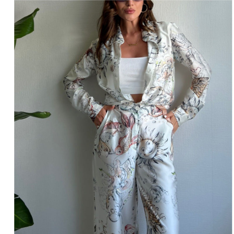 Sexy Printed Long Sleeved Top and Botto Two Piece Set