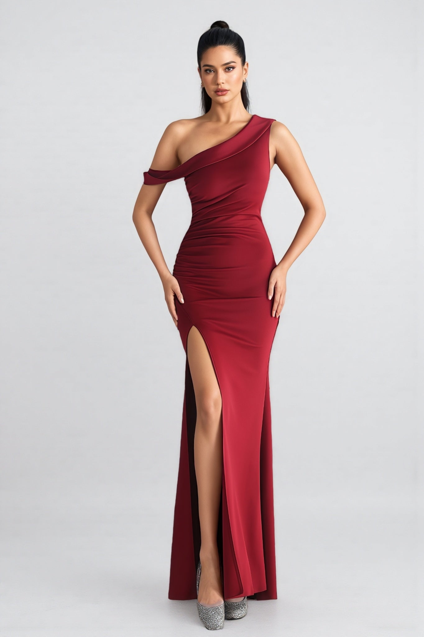 Umeko Burgundy One-Shoulder Pleated Maxi Dress