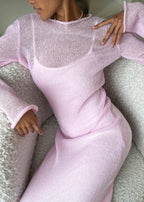 Sheer Knit Round Neck Long Sleeve Layered Maxi Dress