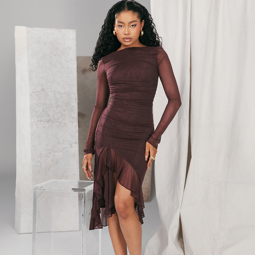 Mesh Ruched Long Sleeve Boat Neck Asymmetric Ruffle Hem Midi Dress