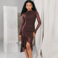 Mesh Ruched Long Sleeve Boat Neck Asymmetric Ruffle Hem Midi Dress