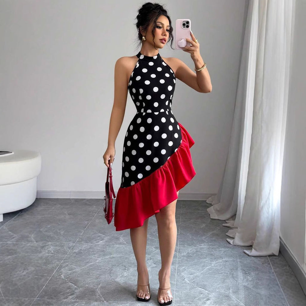 Inés Exclusive Women's Asymmetric Wrap Dress with Dots and Ruffle Details Premium Wardrobe Essential