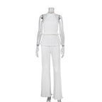 Halter Sexy Backless Sleeveless Vest White Pleated High Waist Set