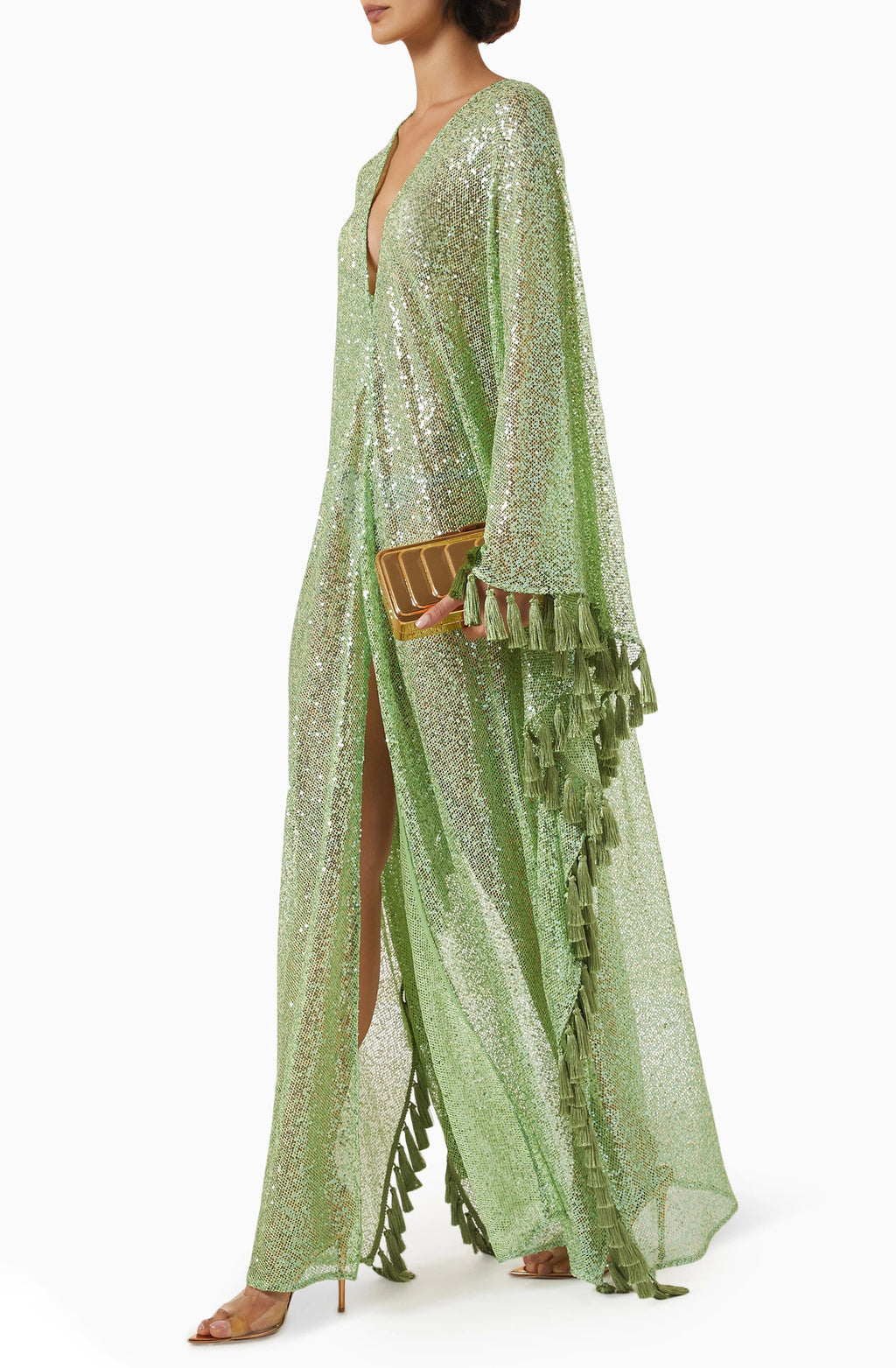 Gianna Sequin Deep V-neck Batwing Sleeve Fringed Trim Slit Gown Maxi Dress