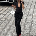 Mock Neck Deep V Neck Cap Sleeve Ruched Bodycon Maxi Dress