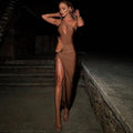 One Shoulder Cutout Twist Detail High Slit Maxi Dress
