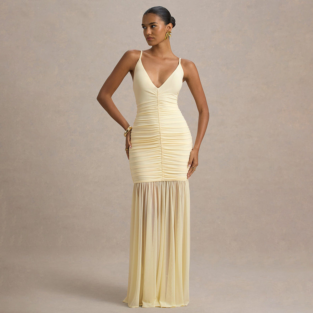 Spaghetti Strap Deep V Ruched Bodice Pleated Chiffon Trumpet Maxi Dress