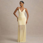 Spaghetti Strap Deep V Ruched Bodice Pleated Chiffon Trumpet Maxi Dress