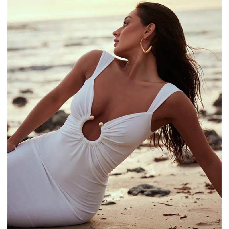 Deep V-Neck Ruched Circular Keyhole Metal Bead Wide Strap Bodycon Maxi Dress