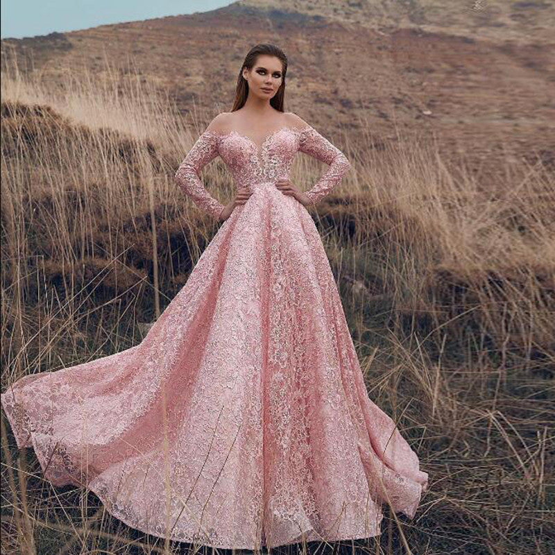Off Shoulder Sweetheart Lace Long Sleeve Ball Gown