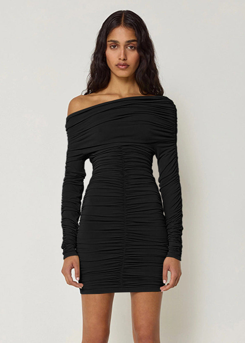 Asymmetric Off Shoulder Ruched Long Sleeve Bodycon Mini Dress
