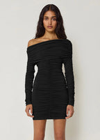 Asymmetric Off Shoulder Ruched Long Sleeve Bodycon Mini Dress