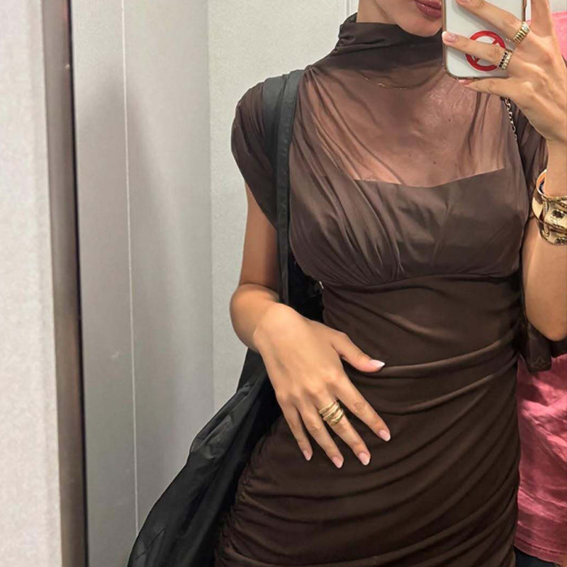 Mesh Mock Neck Ruched Cap Sleeve Chiffon Overlay Maxi Dress