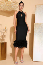 Avery Black Feather Bandage Midi Dress