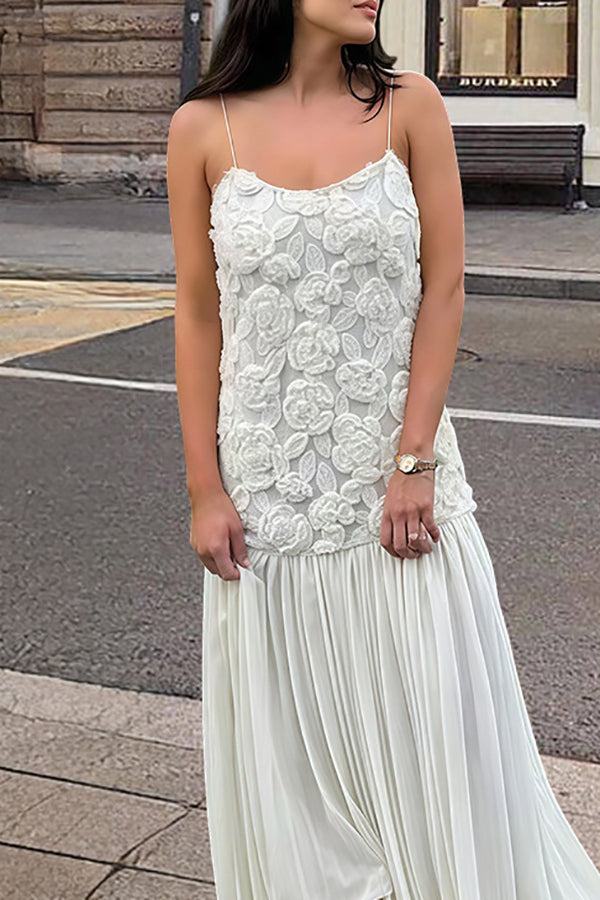 Indulge in Floral Applique Pleated Chiffon Hem Slip Maxi Dress