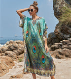Polyester Feather Print Beach Cover up Sexy Deep V Plunge neck Vacation Sun Protection Shirt Dress Beach Cover Up