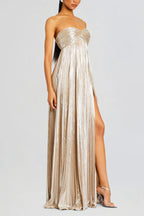 Metallic Sexy Tube Top Pleated High Slit Maxi Dress