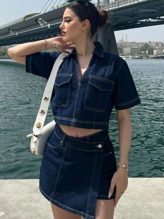 Denim V neck Short Sleeved Set