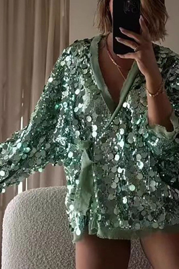 Fashion Sequined Long-sleeved V-neck Loose Lace-up Cardigan