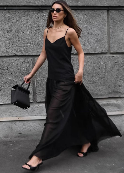Spaghetti Strap Cami Bodice Pleated Flowy Column Maxi Dress