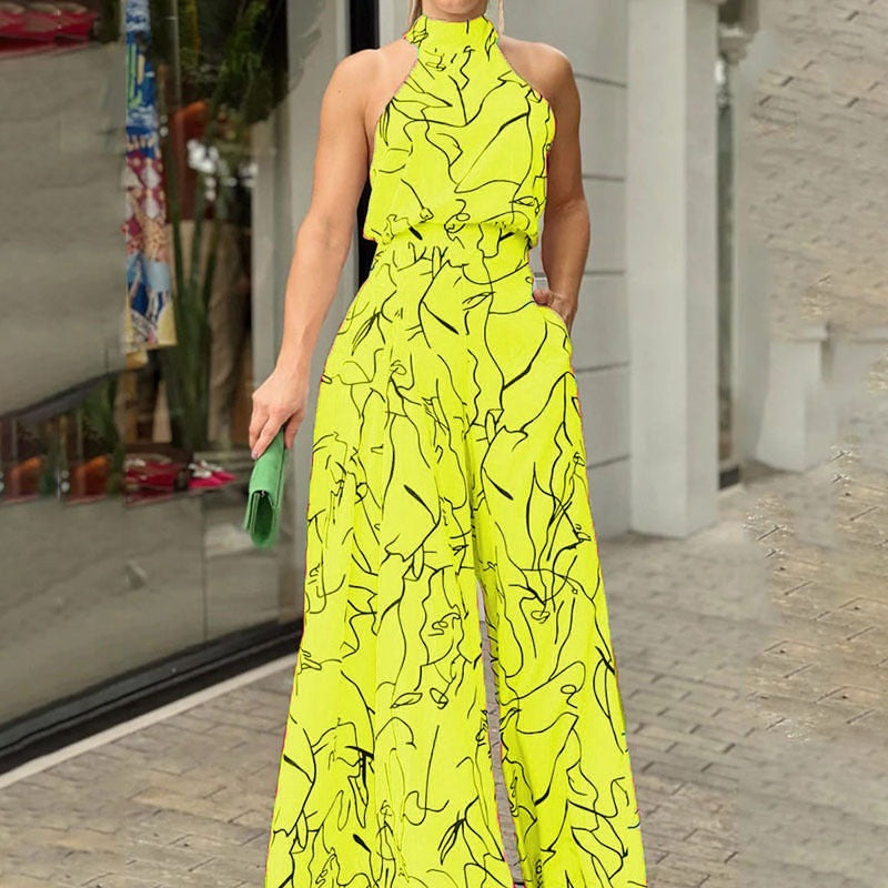 High Waist Lace up Sleeveless Halter Jumpsuit