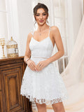 Floral Lace Ruffle Strap Ladder Lace Waist Fit And Flare Mini Dress