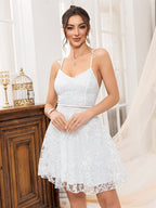 Floral Lace Ruffle Strap Ladder Lace Waist Fit And Flare Mini Dress