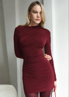 Long Sleeve Crew Neck Side Ruched Bodycon Mini Dress