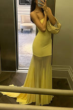 Solid Color Sleeveless Off-shoulder Mesh-paneled Fitted Maxi Dress